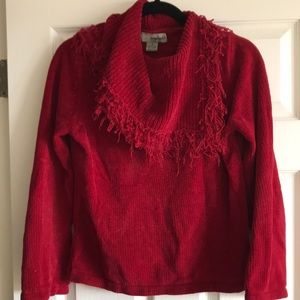 Designers Originals Studio vibrant red sweater with collar fringe.Soft and comfy